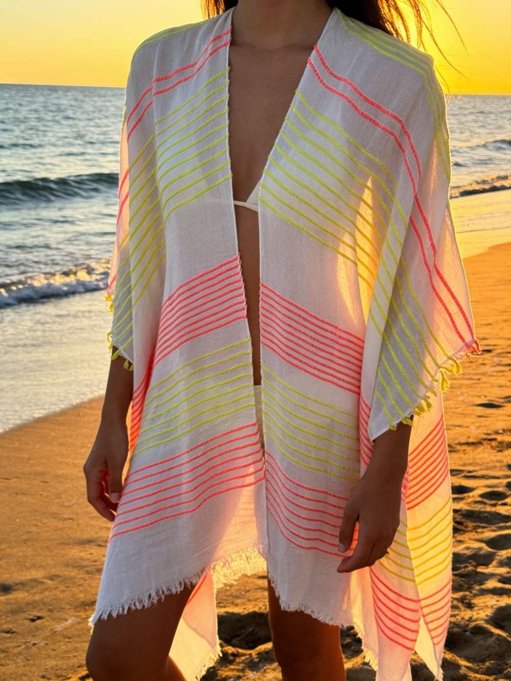 Ladies Light Knit White Beach Cover-Up with Neon Pink & Yellow Stripes inv#263